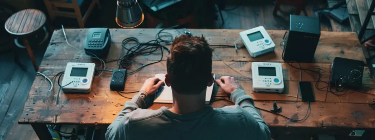 un homme regarde attentivement deux systèmes d'alarme, l'un avec des fils et l'autre sans fil, sur une table en bois rustique.