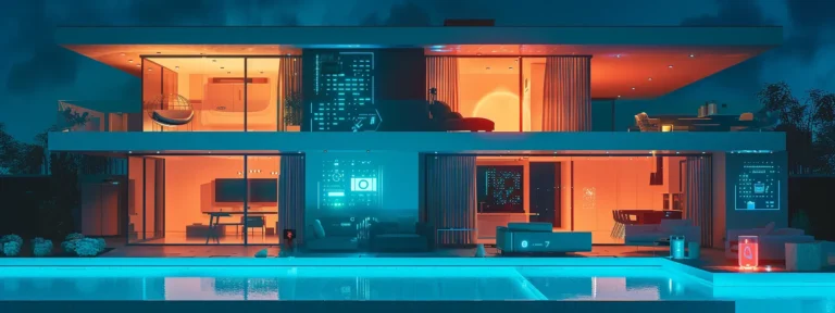 une maison moderne entourée de caméras de sécurité et de capteurs d'alarme.