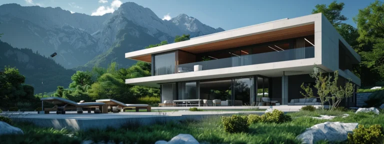 une maison moderne avec un système d'alarme sophistiqué visible sur la façade.