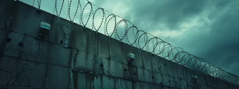 un mur épais de béton armé, surmonté de barbelés tranchants et entouré de détecteurs de mouvement.